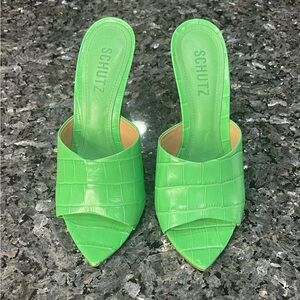 SCHUTZ Posseni Green Croc Embossed Leather Mules Size 6